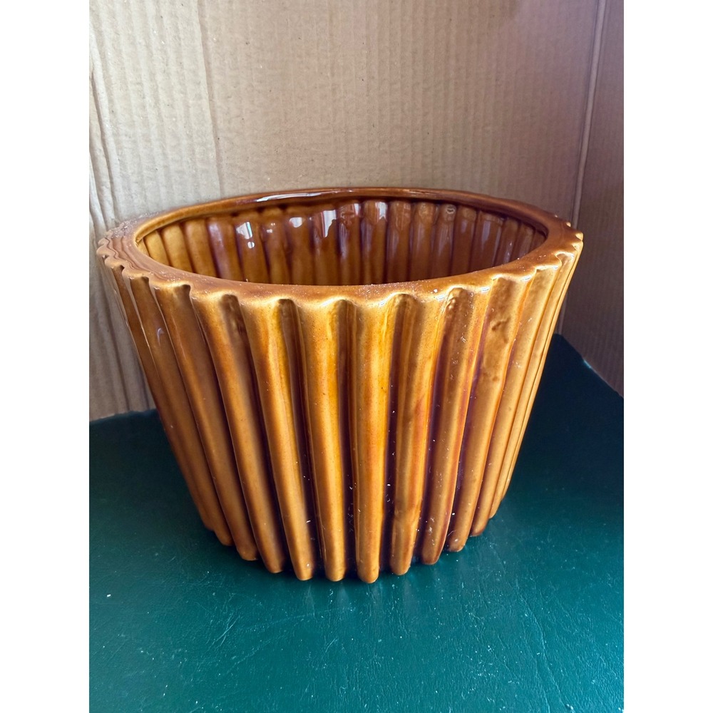 Vintage USA Pottery J54 Ribbed Planter Amber Brown Glaze Mid Century Modern 7in